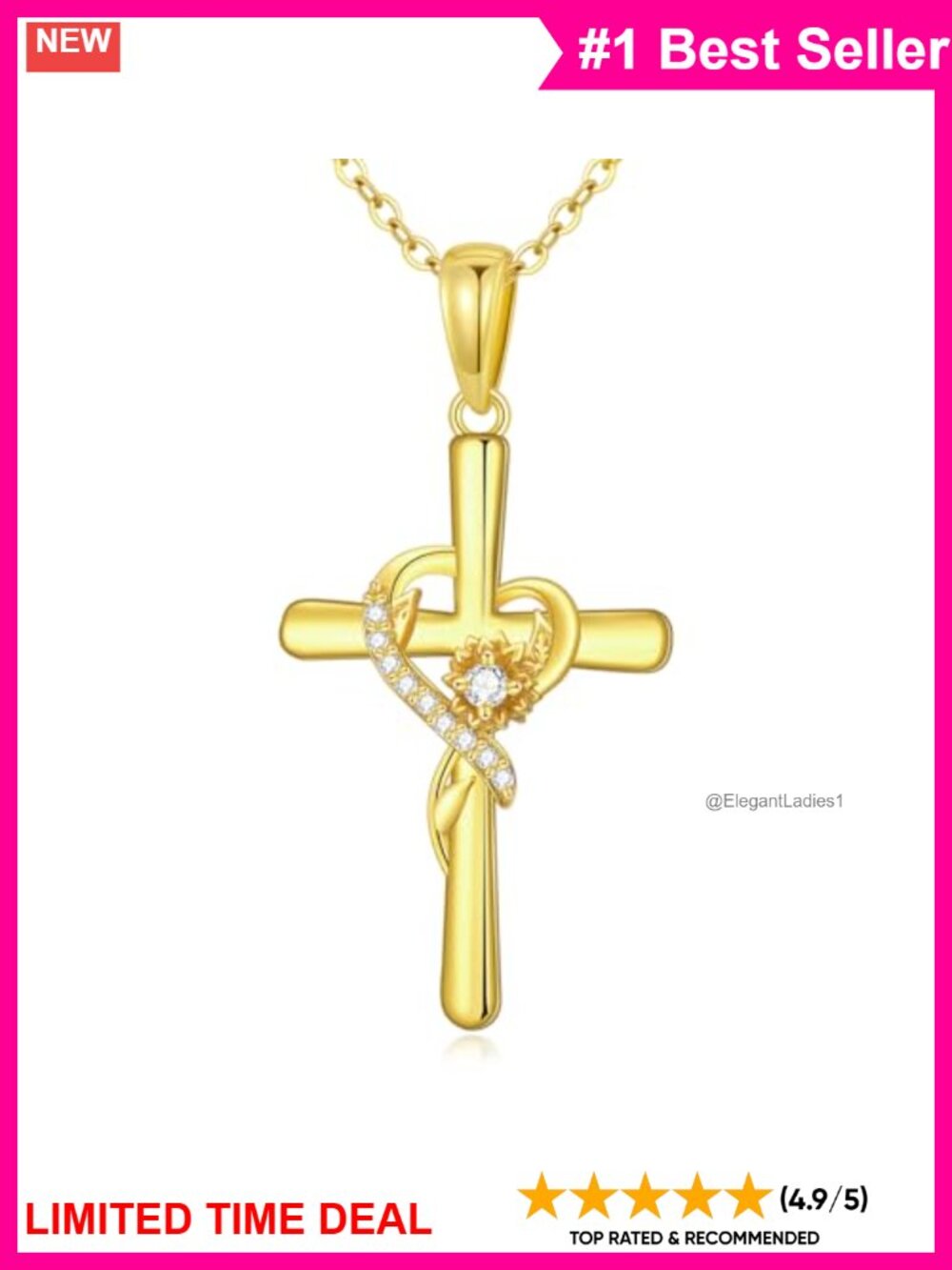 14K Solid Gold Sunflower Cross Necklace Pendant 16+2 Inch Chain